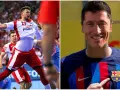 Kamil Lewandowski, szczypiornista w akcji, obok uśmiechnięty piłkarz Robert Lewandowski w koszulce FC Barcelona.