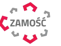 Logo z napisem ZAMOŚĆ otoczone geometrycznymi kształtami w kolorach czerwonym i szarym.
