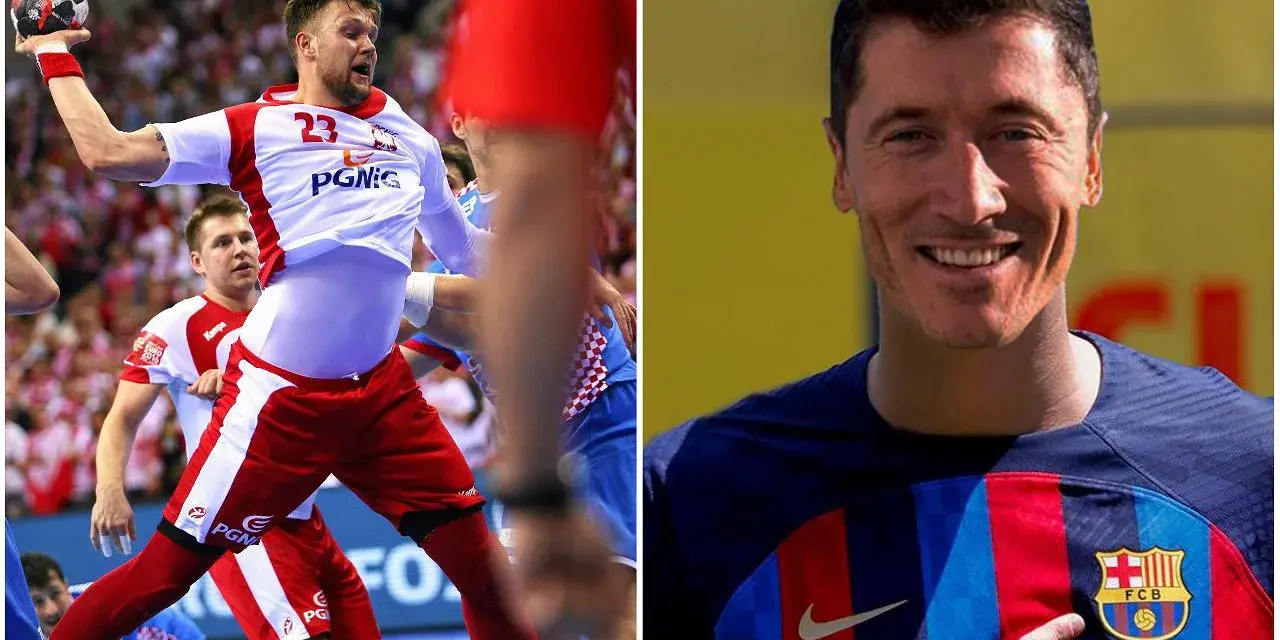 Kamil Lewandowski, szczypiornista w akcji, obok uśmiechnięty piłkarz Robert Lewandowski w koszulce FC Barcelona.