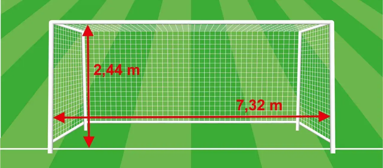 Bramka piłkarska o wymiarach 7,32 m szerokości i 2,44 m wysokości. Pole bramkowe gotowe do gry.