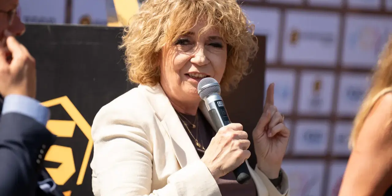 Hanna Targowicka-Kozłowska z mikrofonem, gestykuluje podczas panelu.
