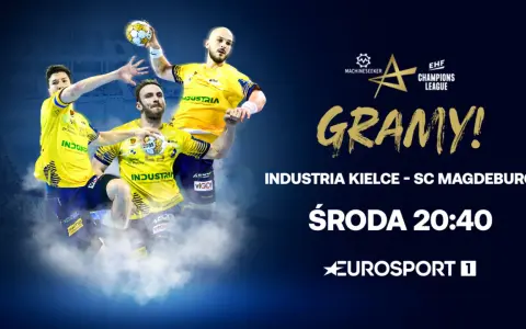Trzech zawodników w żółtych koszulkach z logo Industria, gotowych do akcji w lidze europy piłka ręczna. Mecz Industria Kielce - SC Magdeburg w środę o 20:40 na Eurosport 1.
