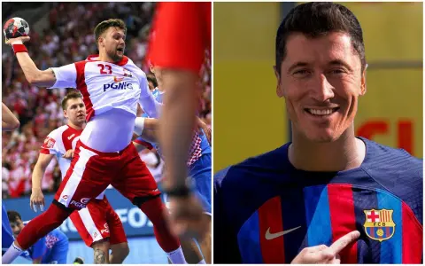 Kamil Lewandowski, szczypiornista w akcji, obok uśmiechnięty piłkarz Robert Lewandowski w koszulce FC Barcelona.