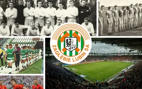 Kolaż zdjęć z historią MKS Zagłębie Lubin: drużyny w różnych latach, herb klubu i stadion pełen kibiców.