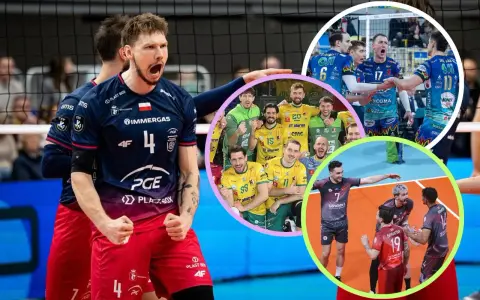 Siatkarze świętują awans do **final four**. Widać emocje na twarzach zawodników, radość i dumę z osiągnięcia celu.
