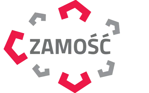 Logo z napisem ZAMOŚĆ otoczone geometrycznymi kształtami w kolorach czerwonym i szarym.