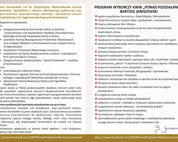 Bartosz Janiszewski, kandydat na burmistrza, przedstawia swój program wyborczy.