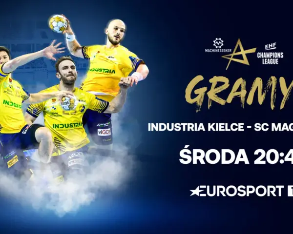 Trzech zawodników w żółtych koszulkach z logo Industria, gotowych do akcji w lidze europy piłka ręczna. Mecz Industria Kielce - SC Magdeburg w środę o 20:40 na Eurosport 1.