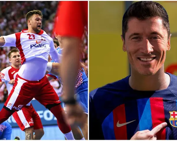 Kamil Lewandowski, szczypiornista w akcji, obok uśmiechnięty piłkarz Robert Lewandowski w koszulce FC Barcelona.