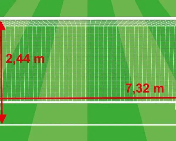 Bramka piłkarska o wymiarach 7,32 m szerokości i 2,44 m wysokości. Pole bramkowe gotowe do gry.