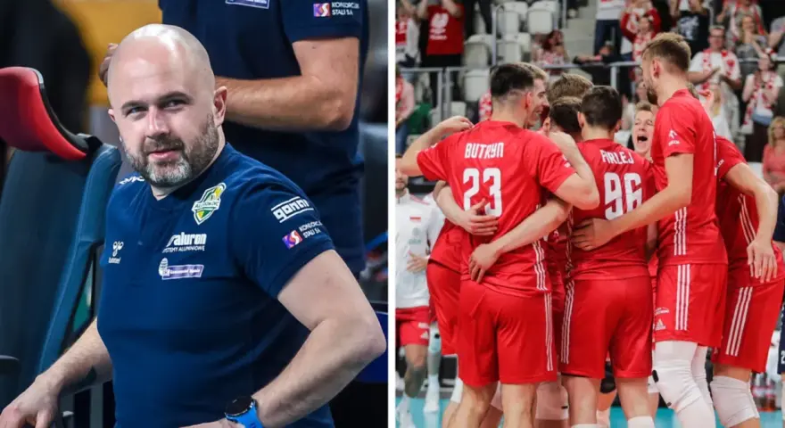 Michał Kozioł, trener, wpatruje się w boisko, podczas gdy jego drużyna świętuje zwycięstwo.