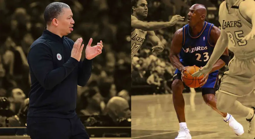 Trener Tyronn Lue klaszcze, podczas gdy Michael Jordan w barwach Wizards z piłką, obok gracza Lakers.