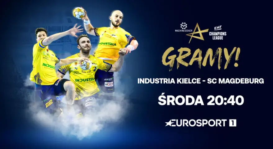 Trzech zawodników w żółtych koszulkach z logo Industria, gotowych do akcji w lidze europy piłka ręczna. Mecz Industria Kielce - SC Magdeburg w środę o 20:40 na Eurosport 1.