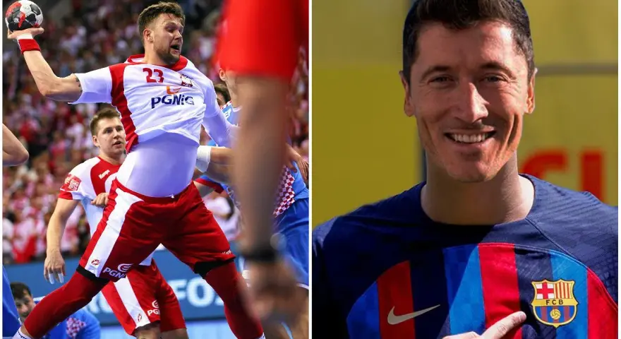 Kamil Lewandowski, szczypiornista w akcji, obok uśmiechnięty piłkarz Robert Lewandowski w koszulce FC Barcelona.