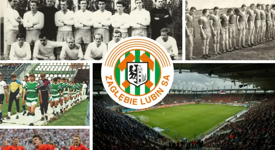 Kolaż zdjęć z historią MKS Zagłębie Lubin: drużyny w różnych latach, herb klubu i stadion pełen kibiców.