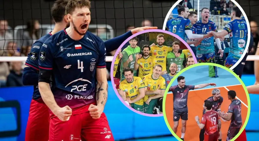 Siatkarze świętują awans do **final four**. Widać emocje na twarzach zawodników, radość i dumę z osiągnięcia celu.