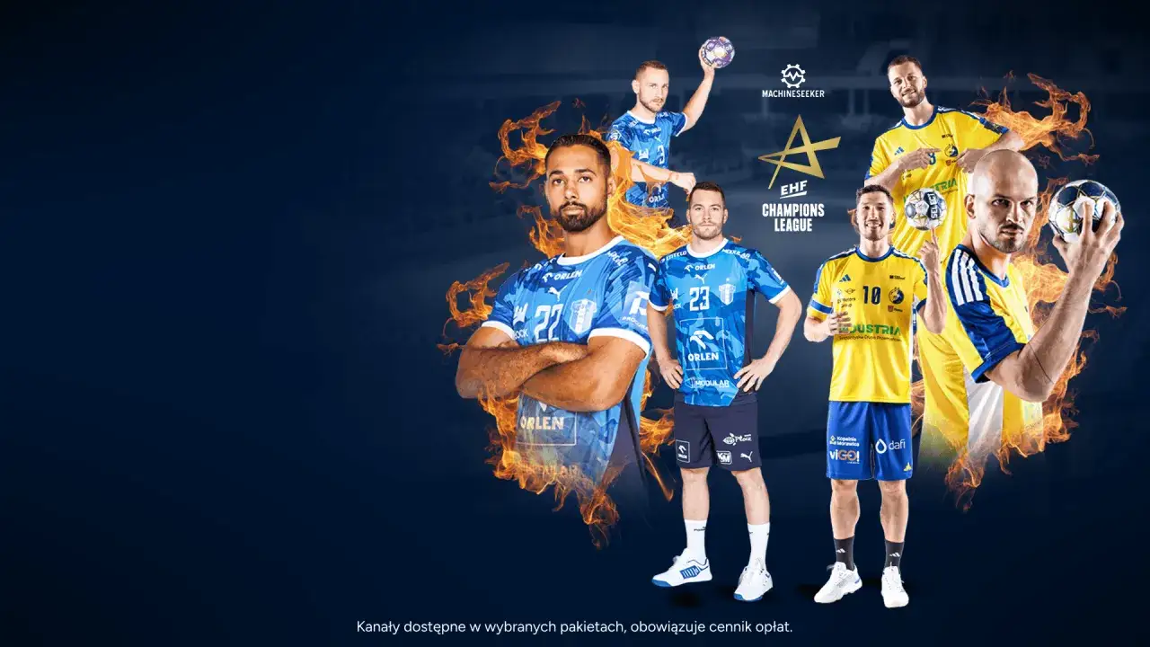 Piłkarze ręczni w akcji, gotowi do walki w Lidze Mistrz&oacute;w EHF. Płonące płomienie podkreślają emocje.