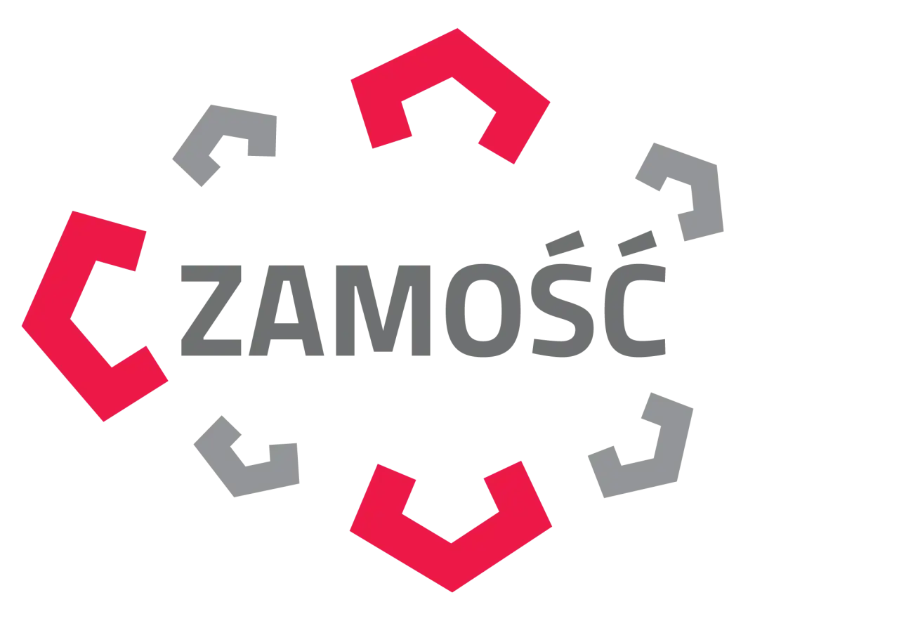 Logo z napisem ZAMOŚĆ otoczone geometrycznymi kształtami w kolorach czerwonym i szarym.